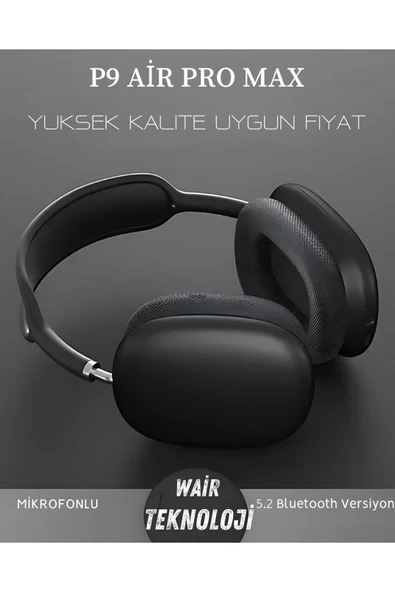 P9 Kablosuz Air Pro Max  Yeni Nesil 5.0 Mikrofonlu Bluetooth Kulaklık Siyah - 2