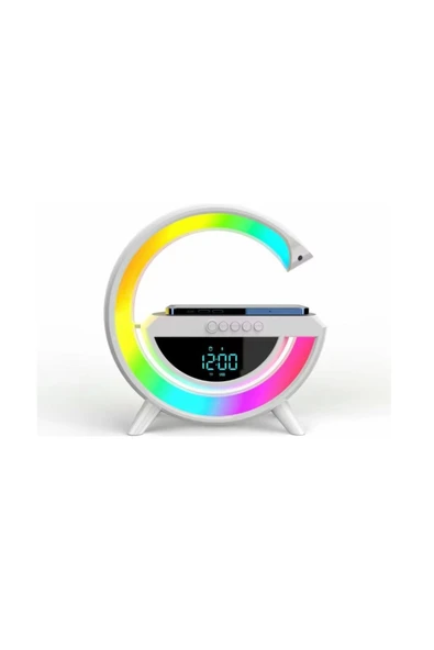 Taşınabilir Kablosuz Hoparlör - G Şekli RGBLİ Işıklı Saatli Temazsız Şarj Standlı Gece Lambası - 2