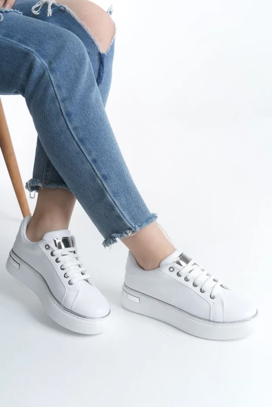 MINA Bağcıklı Ortopedik Taban Kadın Sneaker Spor Ayakkabı  CBT - Beyaz/Gümüş - 2