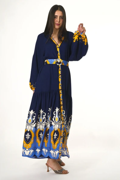 Abbra Kadın Hakim Yaka Önü Düğmeli Kemerli %100 Viskon Yazlık Elbise - 11