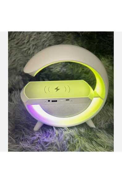 Taşınabilir Kablosuz Hoparlör - G Şekli RGBLİ Işıklı Saatli Temazsız Şarj Standlı Gece Lambası - 6