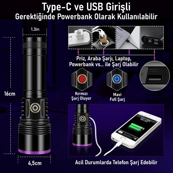 Valkyrie 365nm LED UV El Feneri 20W Güç | 3000mAh Şarjlı Alüminyum Gövde Profesyonel Kullanım - 4