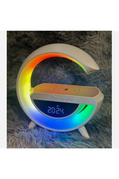 Taşınabilir Kablosuz Hoparlör - G Şekli RGBLİ Işıklı Saatli Temazsız Şarj Standlı Gece Lambası - 3