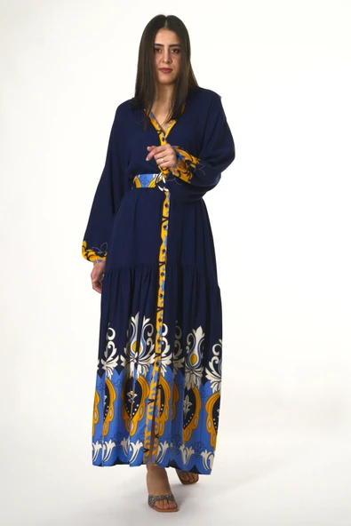 Abbra Kadın Hakim Yaka Önü Düğmeli Kemerli %100 Viskon Yazlık Elbise - 12