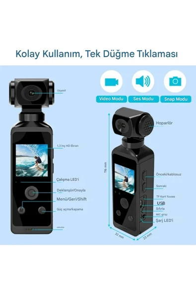 K850H 4K Kameralı 3 Eksen Gimbal Sabitleyici Video Kaydedicili 1,3 Inç LCD Ekran, 16MP - 3
