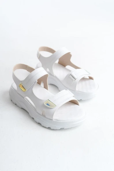 LAMIA Cırt Cırtlı Ortopedik Taban Kadın Sandalet CBT - Beyaz - Resim 4