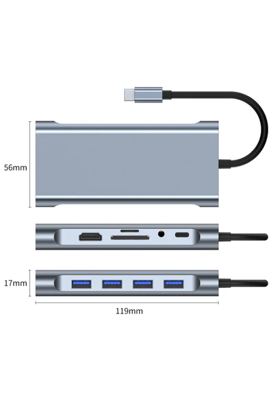 11in1 USB Type-C Hub Port Adaptör Uyumlu, HDMI 4k/30hz, USB Ethernet 100W PD Girişli - Resim 8