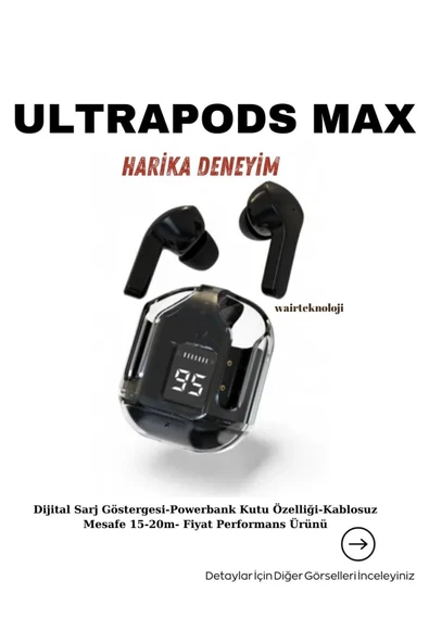 Ultrapods Max Kablosuz Bluetooth Kulaklık Powerbank Özellikli Dijital Ekranlı Enc Modu - Siyah - Resim 2