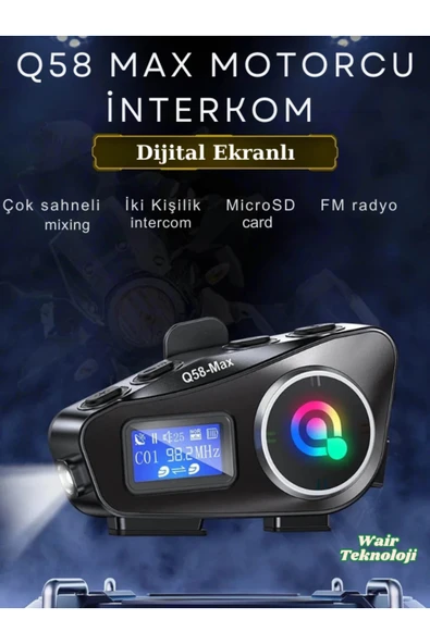 Q58 Max Dijital Ekranlı Kablosuz Motosiklet Kaskı İnterkom Çift Sürücü İletişimi 500m Stereo Mp3/FM