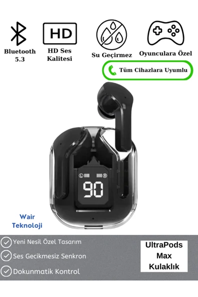 Ultrapods Max Kablosuz Bluetooth Kulaklık Powerbank Özellikli Dijital Ekranlı Enc Modu - Siyah ürün görseli
