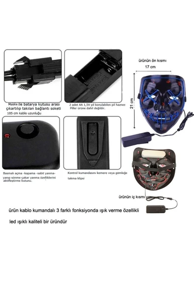 Hallowen Led Işıklı Neon Parti Maske 3 Modlu Parti Eğlence Maskesi Yılbaşı - 3