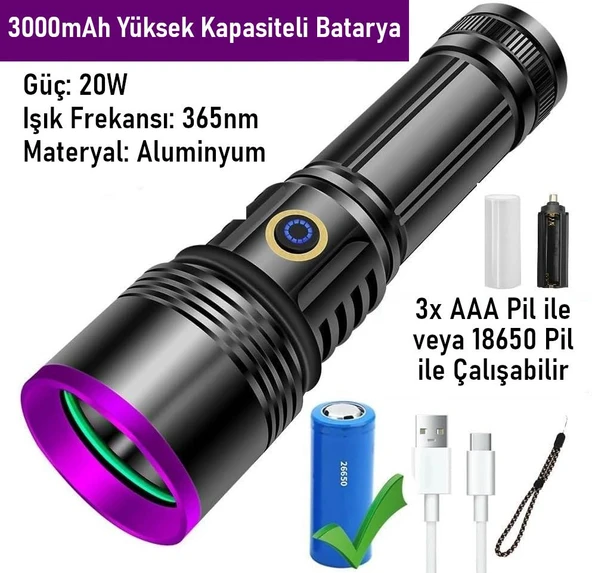 Valkyrie 365nm LED UV El Feneri 20W Güç | 3000mAh Şarjlı Alüminyum Gövde Profesyonel Kullanım - 6