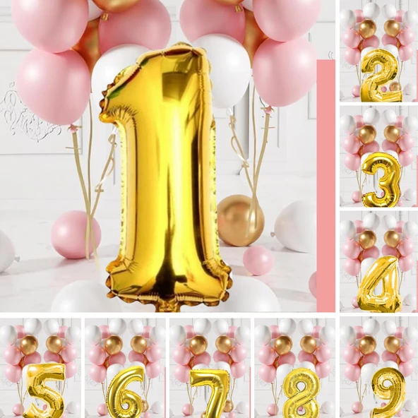 Retro Gold Pembe Beyaz Balon Seti Gold Rakamlı Doğum Günü Balonu Şık Parti Süsleme