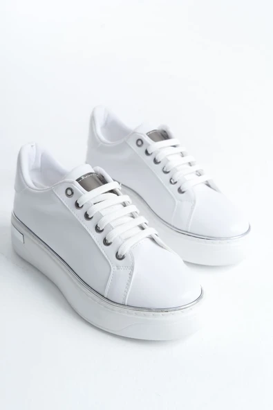 MINA Bağcıklı Ortopedik Taban Kadın Sneaker Spor Ayakkabı  CBT - Beyaz/Gümüş - 4