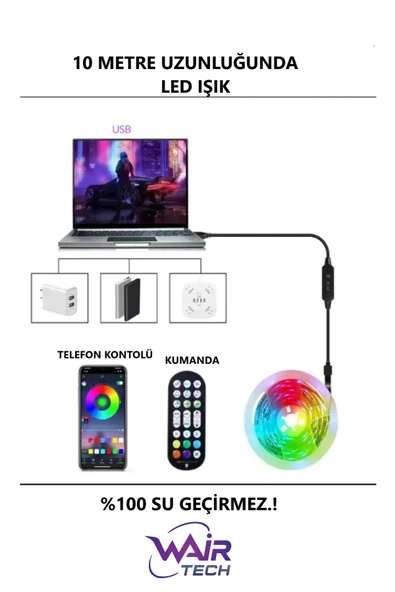 10 METRE AKILLI SESE VE GÖRÜNTÜYE DUYARLI ŞERİT LED ORTAM AMBİYANS AYDINLATMA LED IŞIK - 2