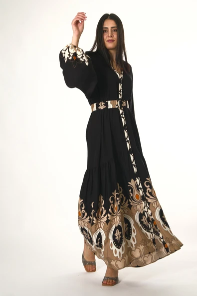 Abbra Kadın Hakim Yaka Önü Düğmeli Kemerli %100 Viskon Yazlık Elbise - 7