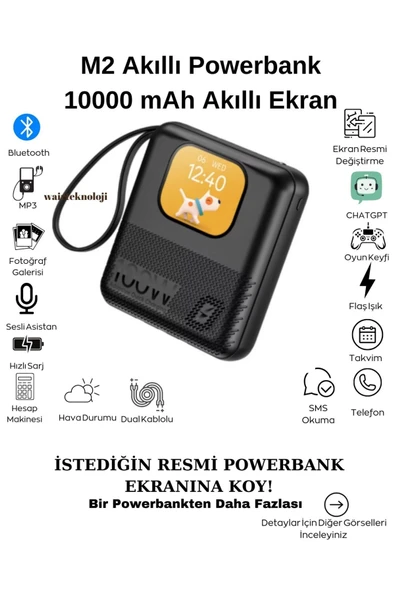 10000 Mah Akıllı Ekranlı Duvar Kağıdı Ekleme Telefon Bağlantılı Müzik Dinlemeli Powerbank-Siyah