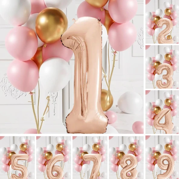 Retro Gold Pembe Beyaz Balon Seti Rose Gold Rakamlı Doğum Günü Balonu Şık Parti Süsleme