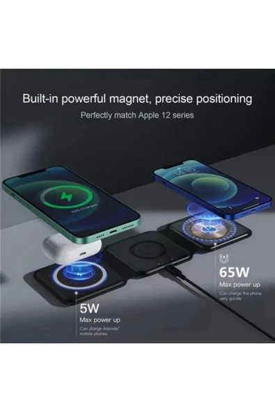 3'ü 1 arada MegaSafe Uyumlu Katlanabilir Manyetik Kablosuz Şarj Cihazı Hepsi Bir Arada 3IN1 - 6
