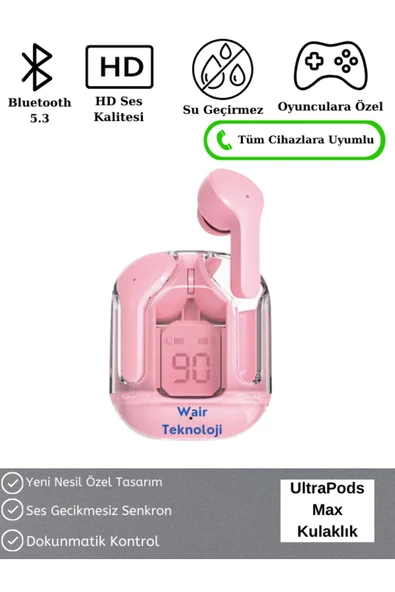 Ultrapods Max Kablosuz Bluetooth Kulaklık Powerbank Özellikli Dijital Ekranlı Enc Modu - Pembe ürün görseli