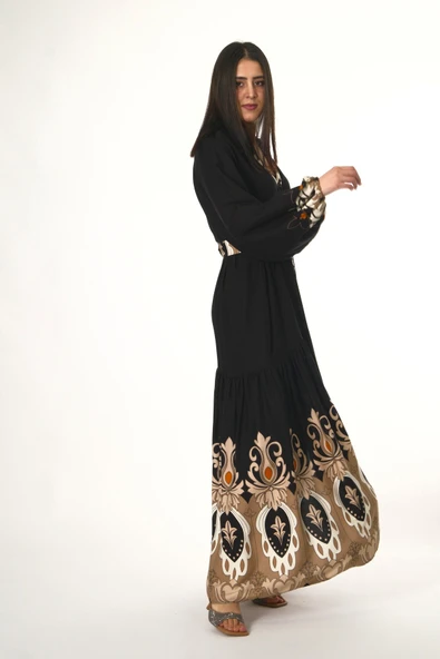 Abbra Kadın Hakim Yaka Önü Düğmeli Kemerli %100 Viskon Yazlık Elbise - 5