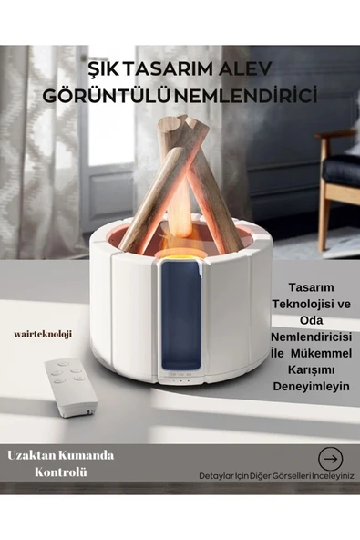 Alev Görüntülü Bonfire Oda Nemlendirici Şık Tasarım  Uzaktan Kumanda Kontrollü