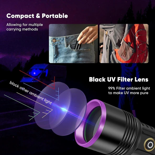 Valkyrie 365nm LED UV El Feneri 20W Güç | 3000mAh Şarjlı Alüminyum Gövde Profesyonel Kullanım - 3
