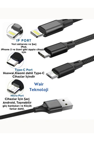 Huawei Xiaomi Samsung Iphone Uyumlu Örgü Hasır Çoklu Şarj Kablosu Type-c Micro Lightning - Resim 2