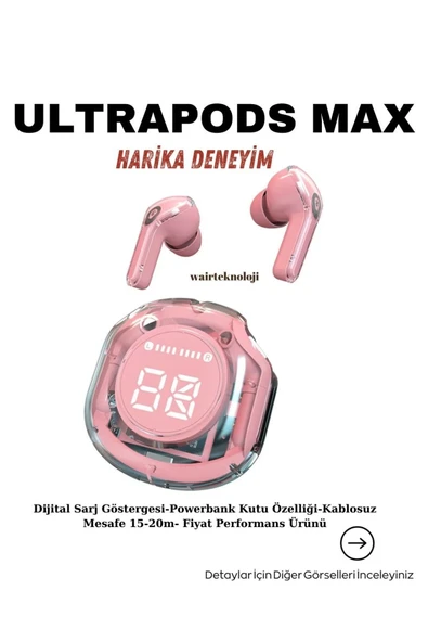 Ultrapods Max Kablosuz Bluetooth Kulaklık Powerbank Özellikli Dijital Ekranlı Enc Modu - Pembe - Resim 2