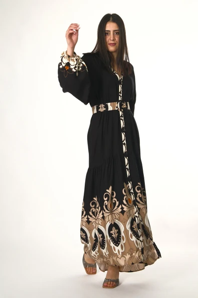 Abbra Kadın Hakim Yaka Önü Düğmeli Kemerli %100 Viskon Yazlık Elbise - 6