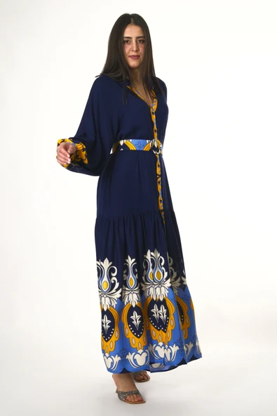 Abbra Kadın Hakim Yaka Önü Düğmeli Kemerli %100 Viskon Yazlık Elbise - 9