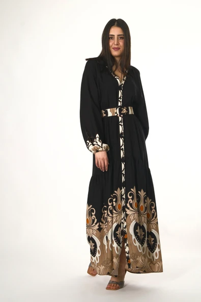 Abbra Kadın Hakim Yaka Önü Düğmeli Kemerli %100 Viskon Yazlık Elbise - 4