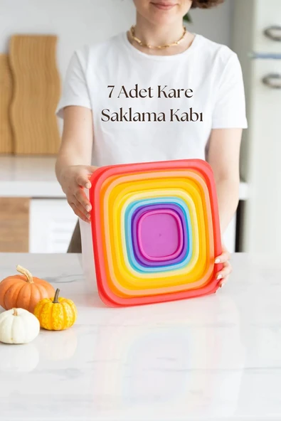 Kare 7 Parça Hava Almaz Sızdırmaz Saklama Kabı Seti Renkli Kapak (200/330/630/1100/1800/3300/5600 ml) ürün görseli 1