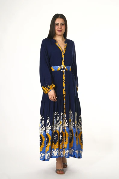 Abbra Kadın Hakim Yaka Önü Düğmeli Kemerli %100 Viskon Yazlık Elbise - 8