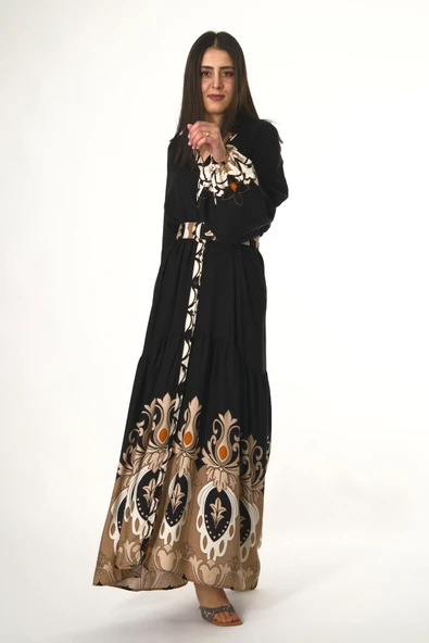 Abbra Kadın Hakim Yaka Önü Düğmeli Kemerli %100 Viskon Yazlık Elbise - 3