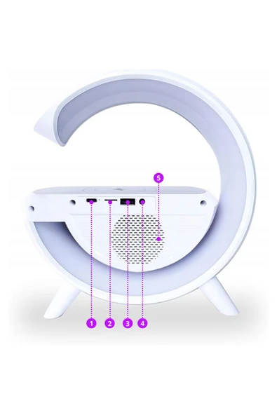 Taşınabilir Kablosuz Hoparlör - G Şekli RGBLİ Işıklı Saatli Temazsız Şarj Standlı Gece Lambası - 7