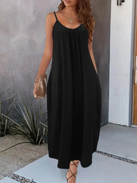 Kadın Ip Askılı Geniş V Yakalı Viskon Elbise ürün görseli