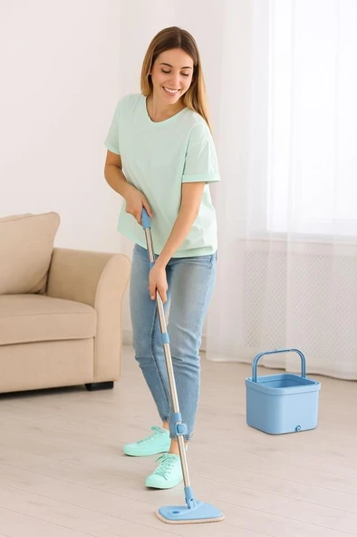 Flora Kare Spin Mop Set, Temiz ve Kirli Suyu Ayıran Mikrofiber Döner Temizlik Seti 1+1 Mop - Resim 5