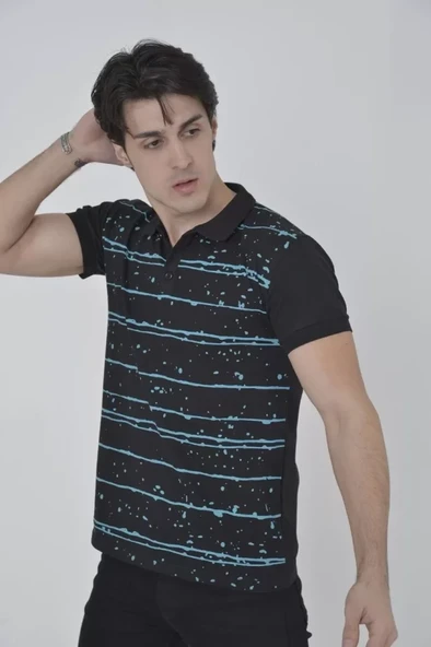 Erkek Yakalı Slim Fit Pike Çizgili T-Shirt - Siyah - Resim 4