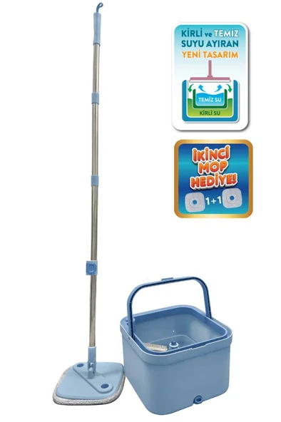 Flora Kare Spin Mop Set, Temiz ve Kirli Suyu Ayıran Mikrofiber Döner Temizlik Seti 1+1 Mop - Resim 2