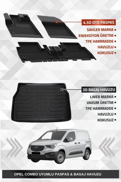Sahler Opel Combo E 2019+ Uyumlu 4.5D Premium Havuzlu Oto Paspas ve Liner Marka 3D Bagaj Havuzu