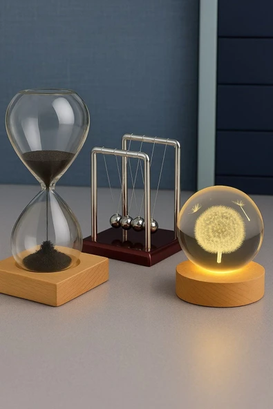 Ofisinize 3’lü Masaüstü Dekorasyonu USB'li Led Işıklı Karahindiba Küre Kum Saati Newton Balans Hedye ürün görseli 1