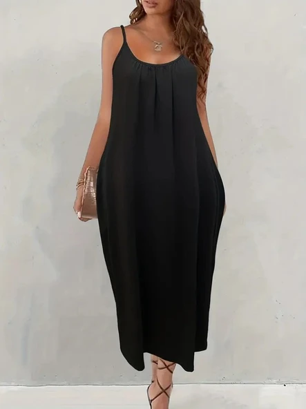 Kadın Ip Askılı Geniş V Yakalı Viskon Elbise - Resim 3