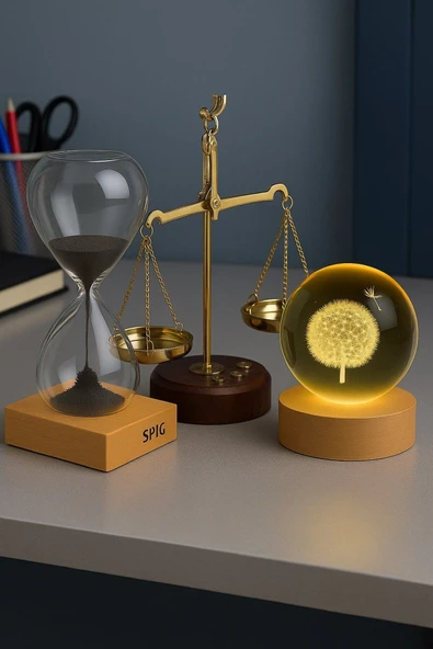 Ofisinize 3’lü Masaüstü Dekorasyonu Ahşap Standlı Karahindiba Işıklı Küre Adalet Terazisi Kum Saati ürün görseli