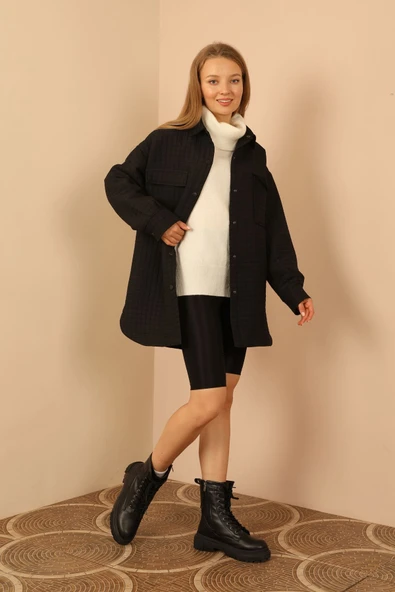 Jakar Kumaş Küçük Kare Desen Oversize Kadın Gömlek-Siyah ürün görseli