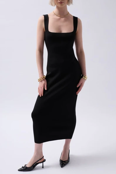 Kalın Askılı Midi Elbise - Resim 4