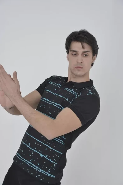 Erkek Yakalı Slim Fit Pike Çizgili T-Shirt - Siyah - Resim 3