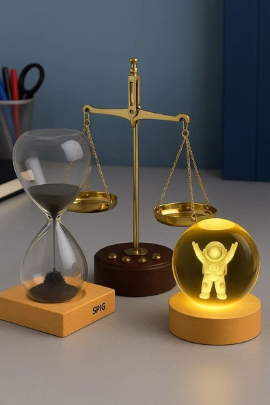 Ofisinize 3’lü Masaüstü Dekorasyonu Ahşap Standlı Astronot Işıklı Küre Adalet Terazisi ve Kum Saati ürün görseli