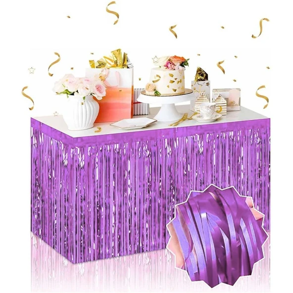 Kendinden Yapışkanlı Mor Metalize Püsküllü Masa Eteği – 75 X 275 Cm Parti Süslemesi