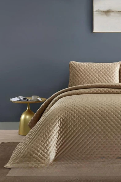 Bianca Tek Kişilik Lüks Kadife Yatak Örtüsü Bej ürün görseli